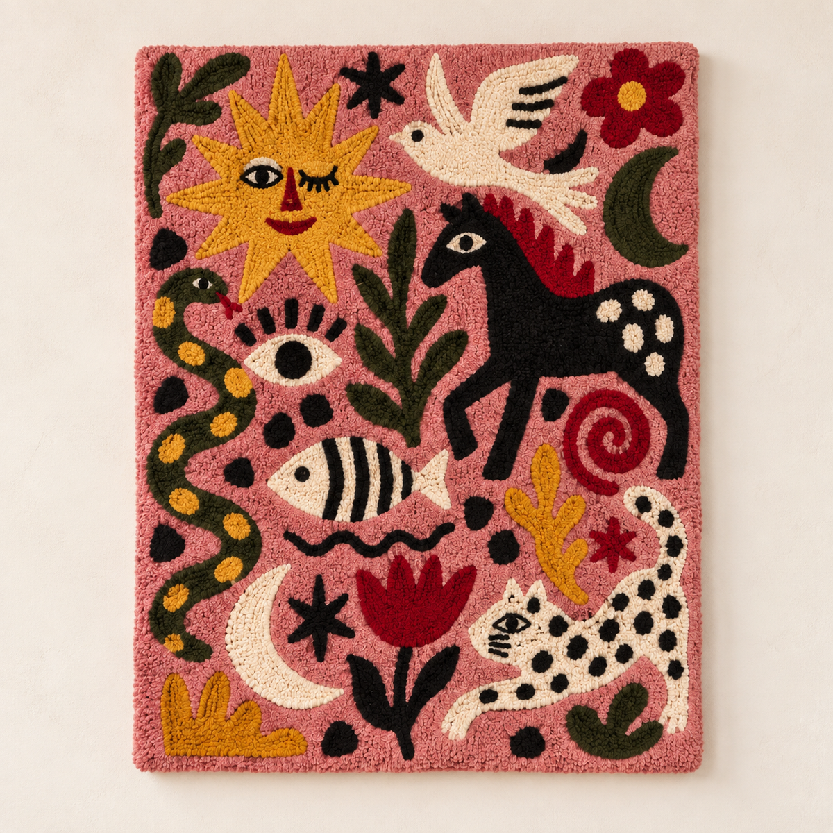 Hewn Earth Rose Sun Menagerie wall art featuring a vibrant, detailed rose and sun design on a light background.