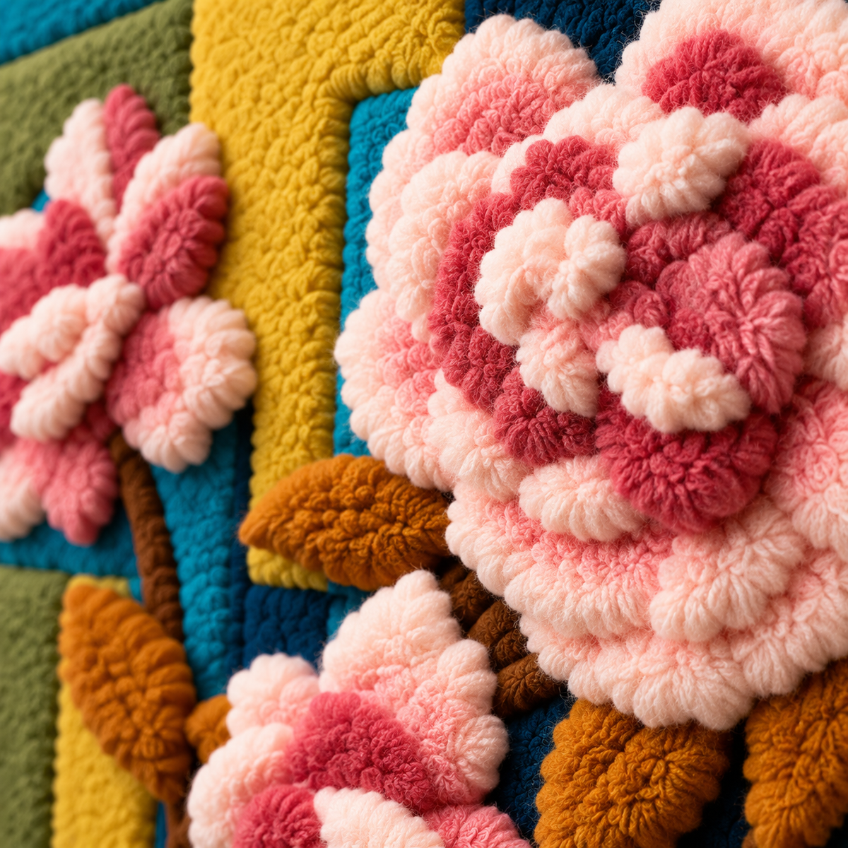 Rose Trellis in Teal — tufted wool texture detail