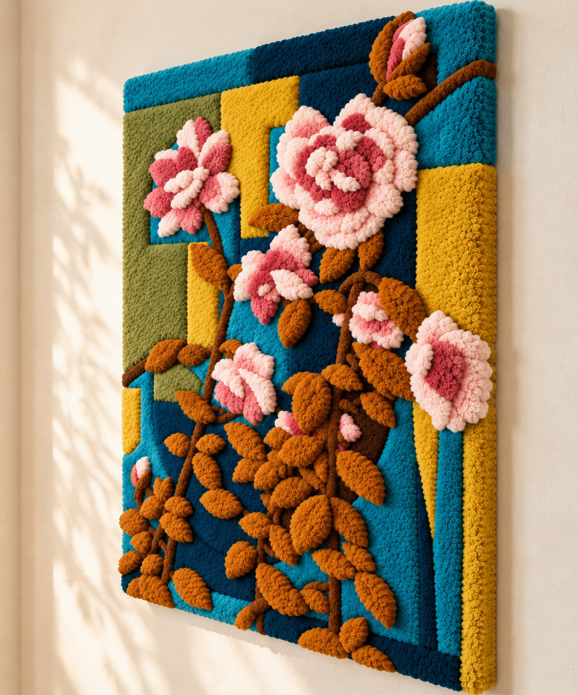 Rose Trellis in Teal — angled relief view