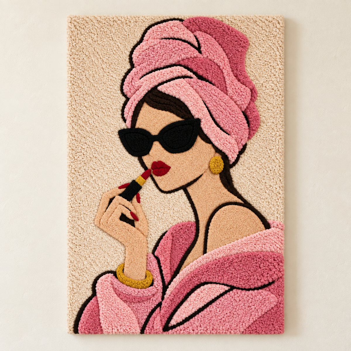 Hewn Earth wall art featuring a rose-turban lipstick portrait with vibrant colors and artistic design.