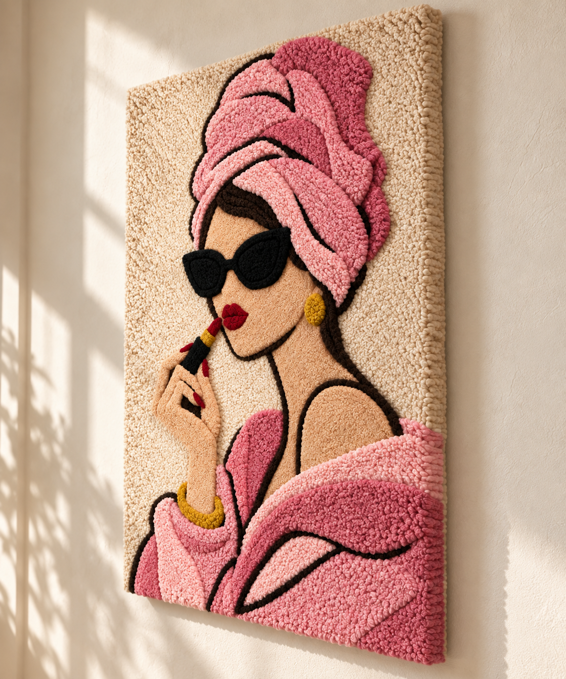 Hewn Earth wall art featuring a lipstick portrait with a rose-colored turban, vibrant and stylish decorative wall decor.