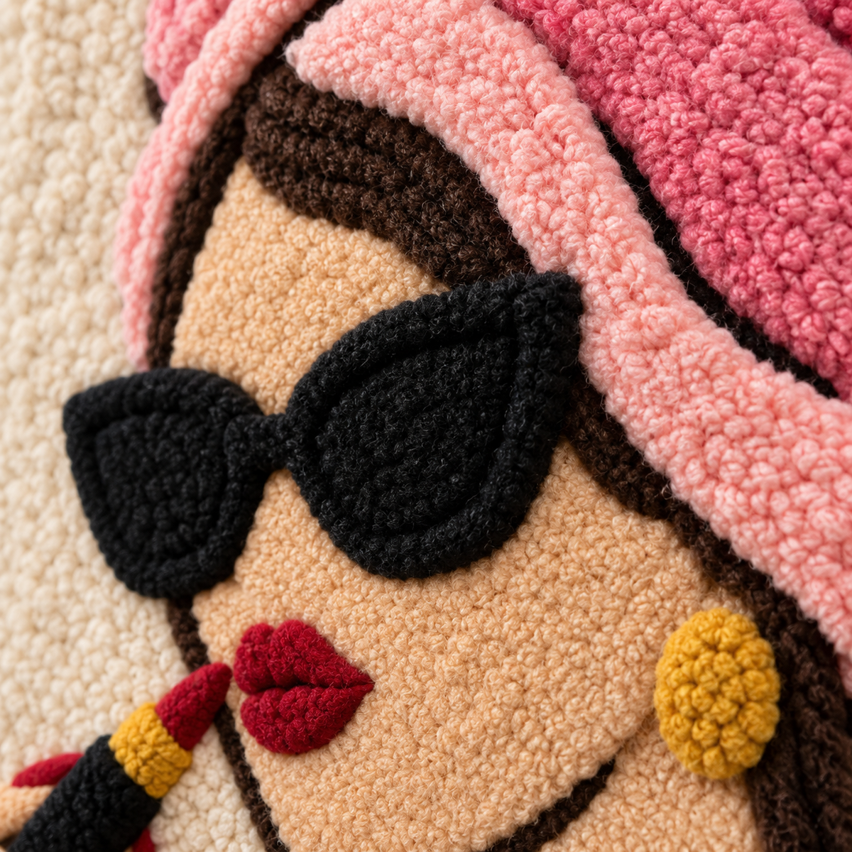 Close-up of Hewn Earth wall art featuring a portrait with a rose-colored turban and lipstick, highlighting vibrant facial details.