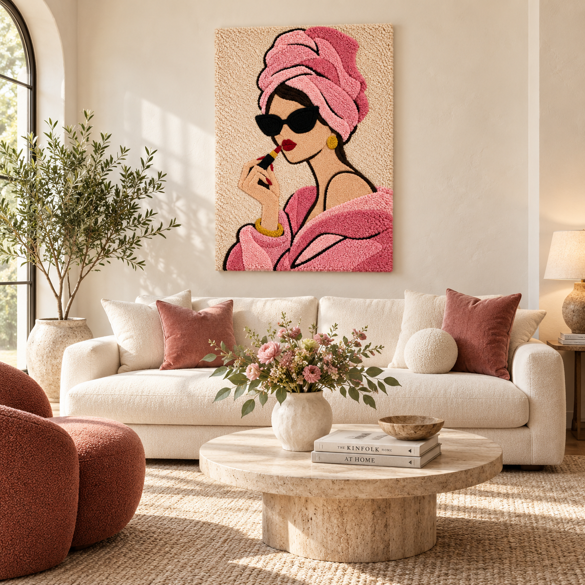 Hewn Earth wall art featuring a portrait of a woman with a rose turban and lipstick, vibrant and artistic home decor piece.