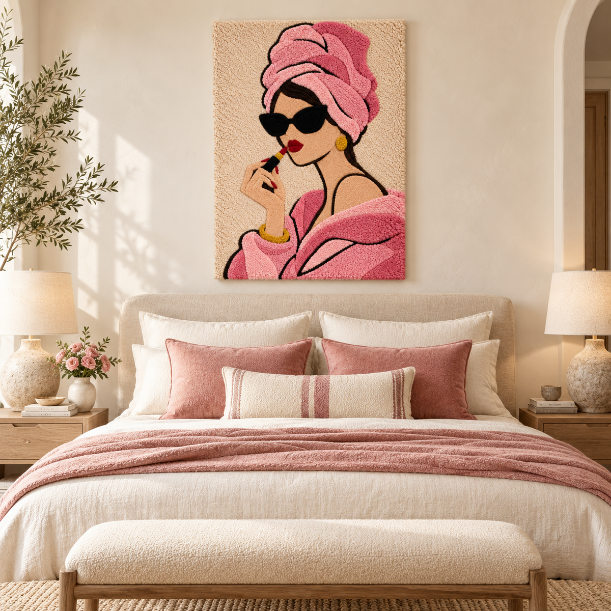 Hewn Earth wall art featuring a lipstick portrait with a rose-colored turban, vibrant and detailed decorative wall decor.