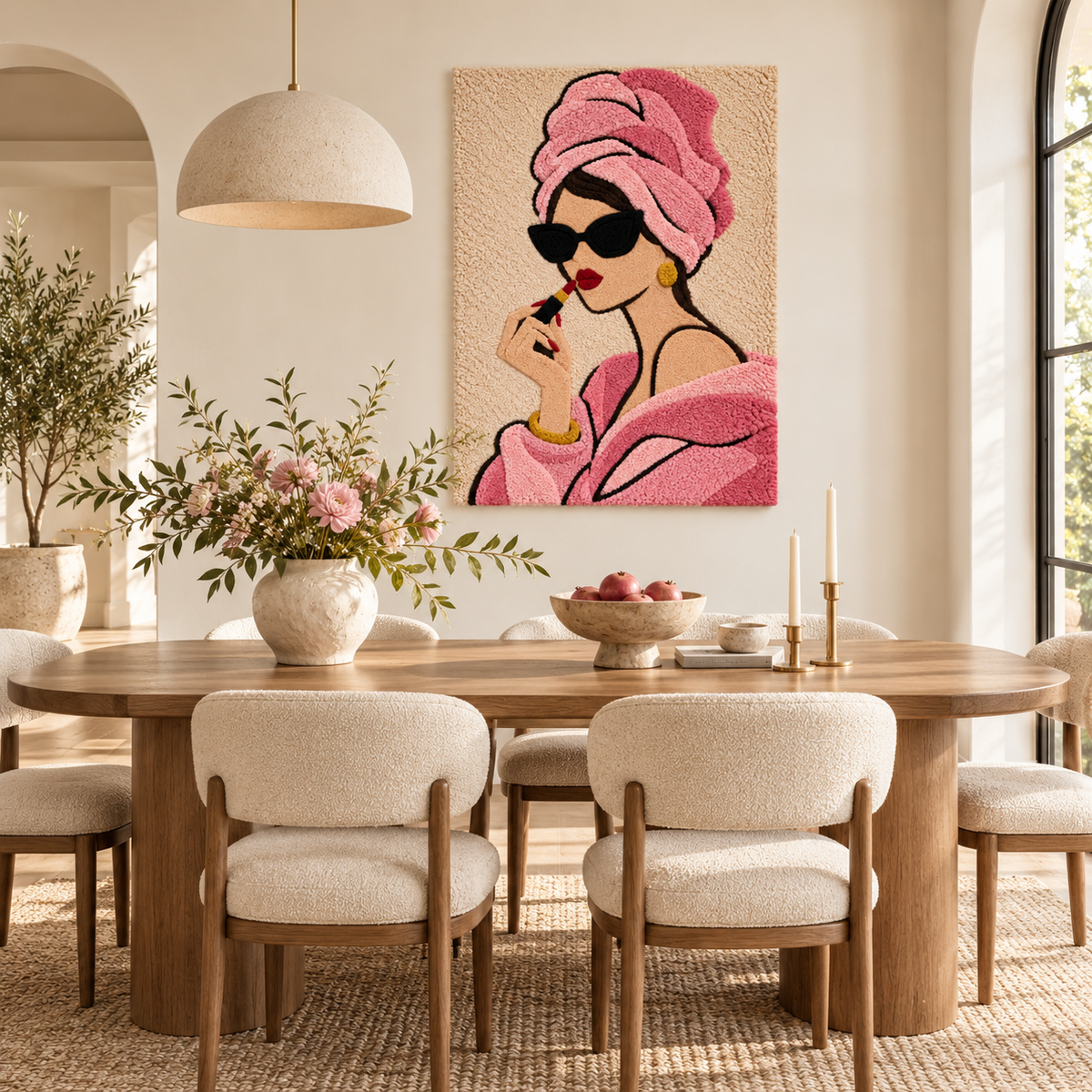 Hewn Earth wall art featuring a portrait of a woman with a rose-colored turban and lipstick, displayed in a stylish room setting.