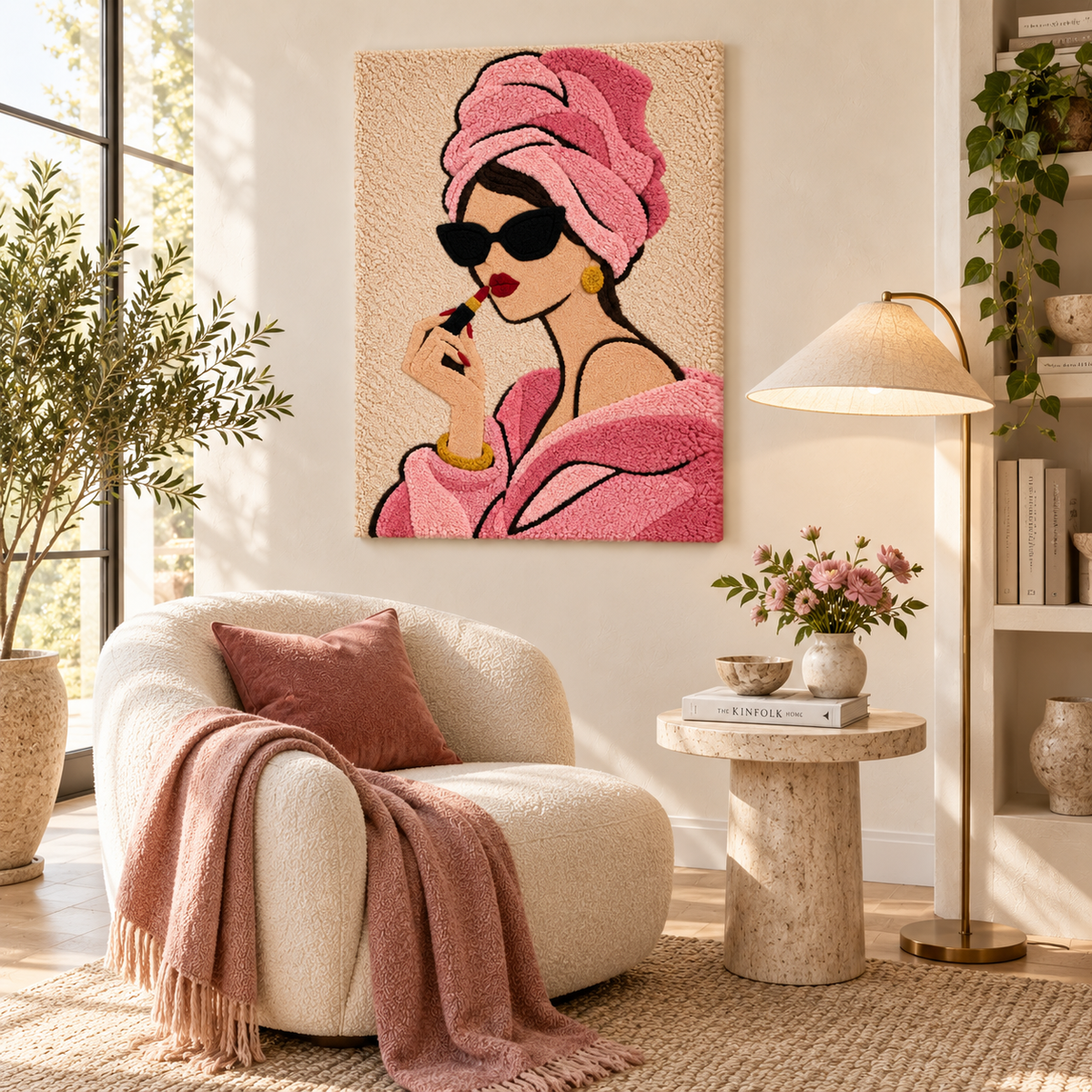 Hewn Earth wall art featuring a lipstick portrait with a rose-turban, stylish and colorful decorative room decor.