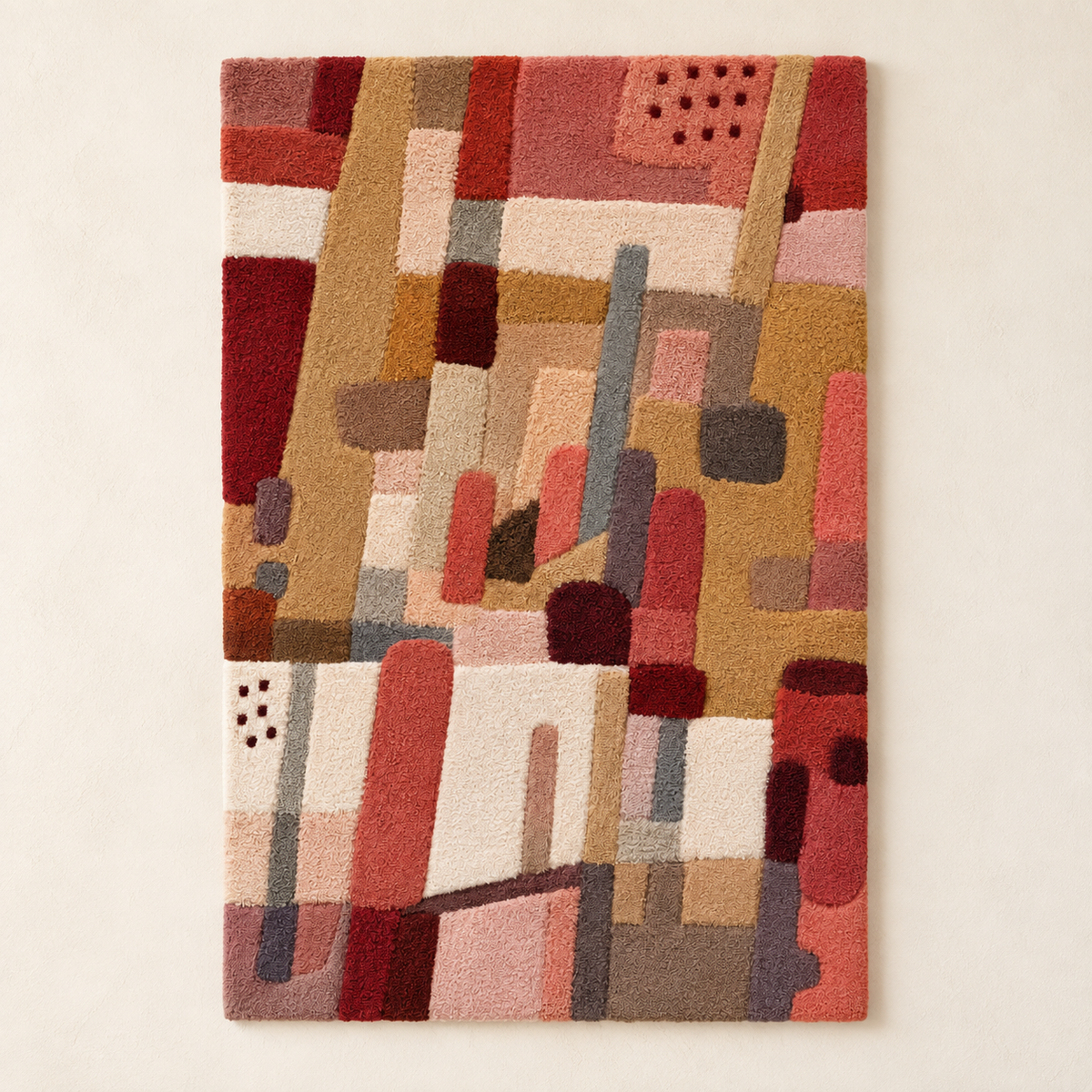 Hewn Earth Rosewood City Rhythm wall art featuring a vibrant, abstract cityscape design on a light background.