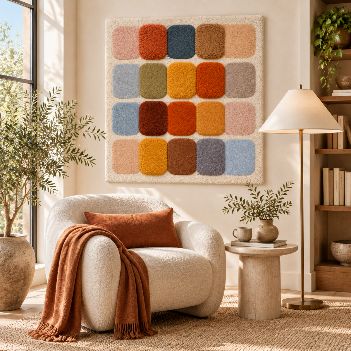 Hewn Earth rounded earthtone color swatches wall art displayed in a room scene, showcasing warm, natural earthy hues.