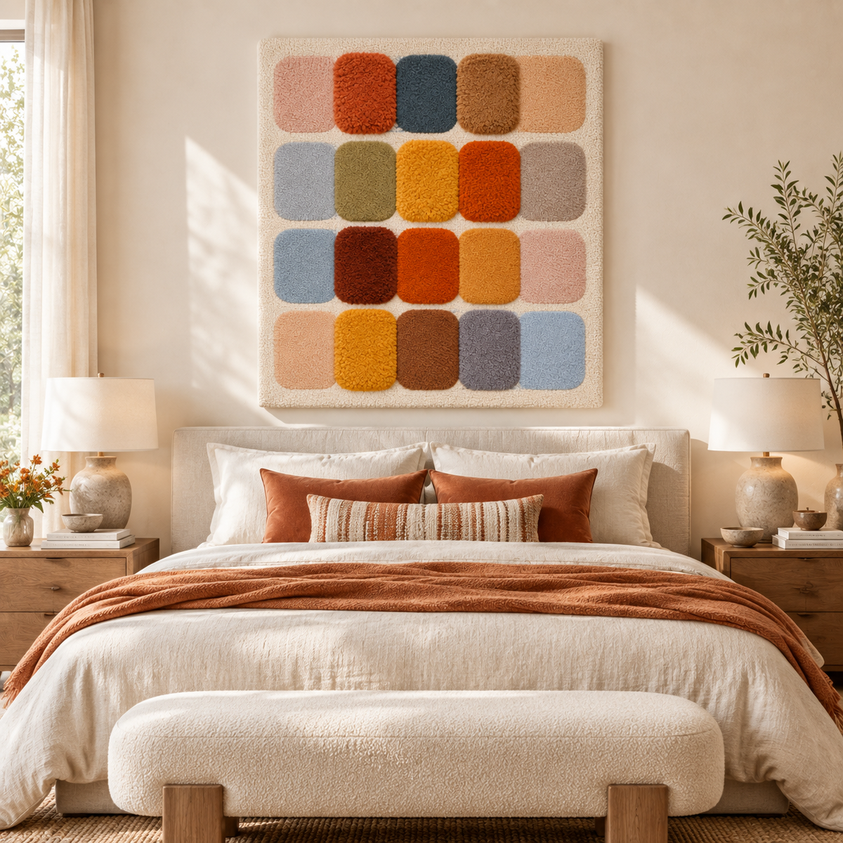 Hewn Earth rounded earthtone color swatches displayed as wall art in a modern room scene, showcasing warm natural tones.
