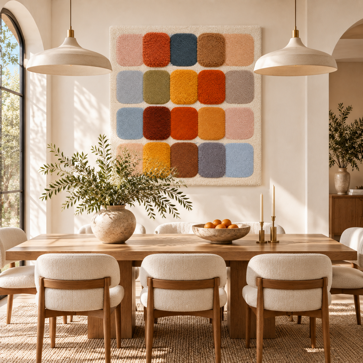 Hewn Earth rounded earthtone color swatches used as wall art in a modern room decor scene.