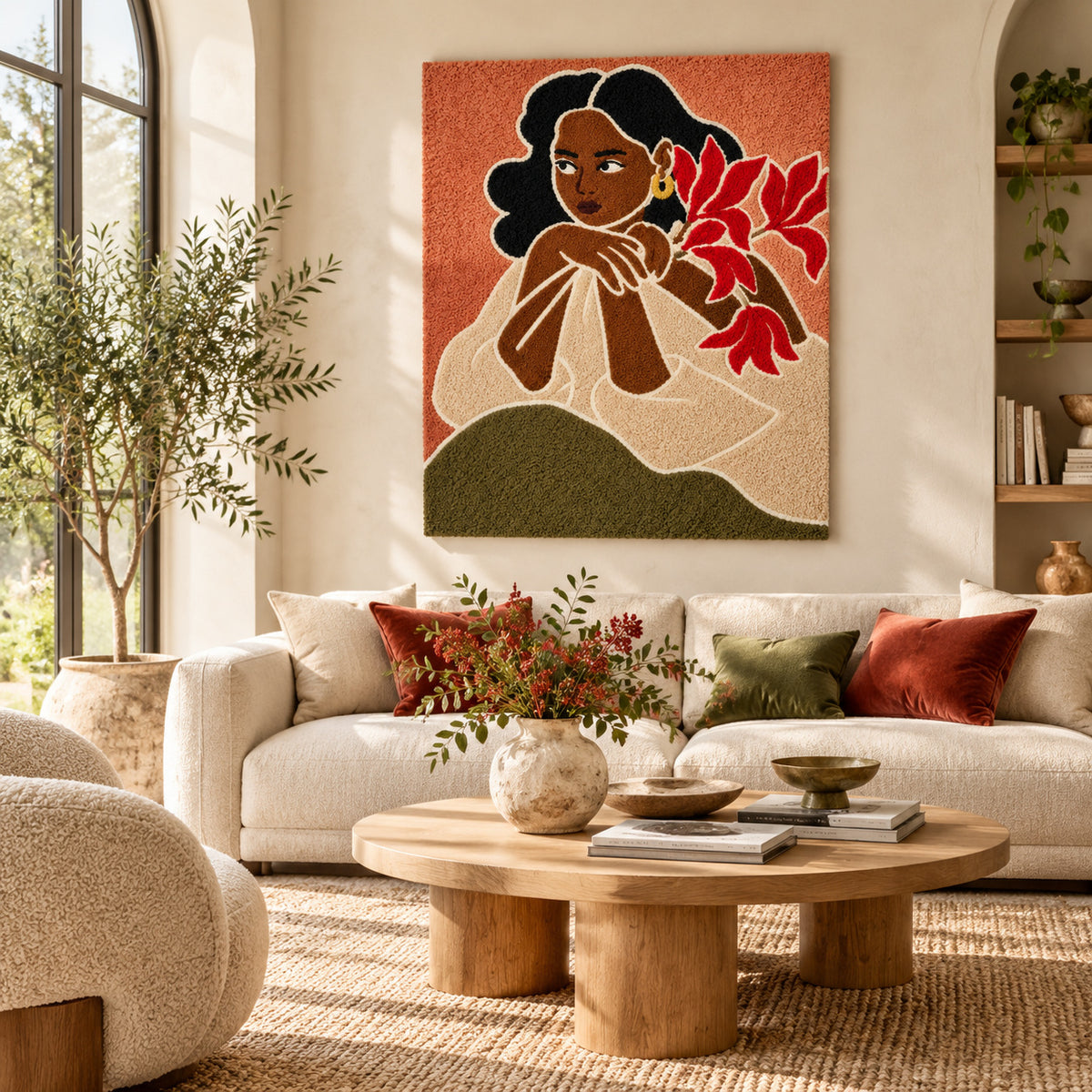 Quiet Profile with Red Flowers by Rushati Chowdhury — front-facing room scene [room-front]