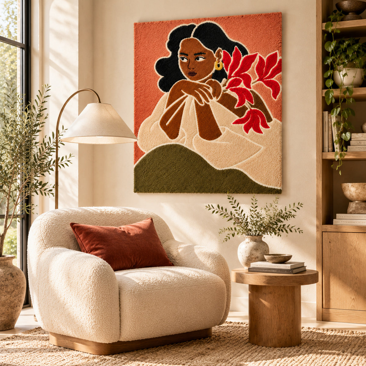 Quiet Profile with Red Flowers by Rushati Chowdhury — room setting