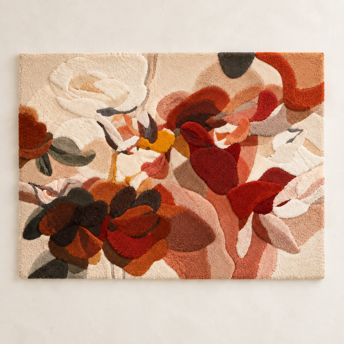 Hewn Earth Russet Blossom Rhapsody wall art featuring warm-toned floral design on a beige background.
