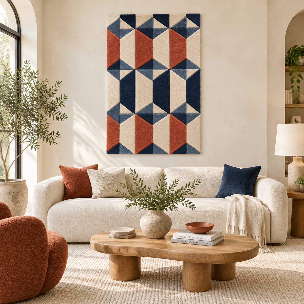 Rust and navy prism columns wall art by Hewn Earth displayed in a modern room scene, showcasing textured geometric design.