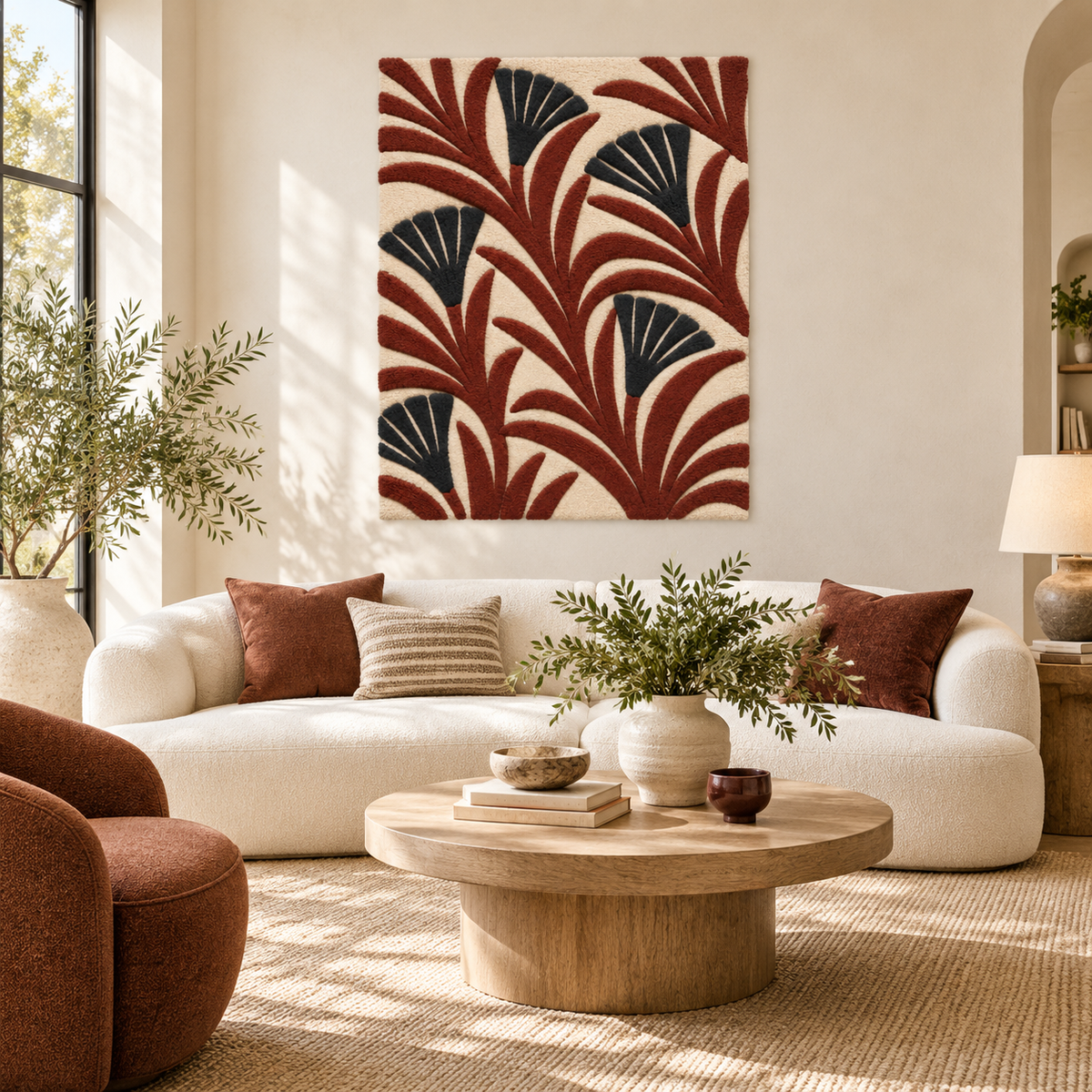 Hewn Earth Rust Fanleaf Flourish wall art with intricate rust-colored fanleaf design hanging on a room wall.