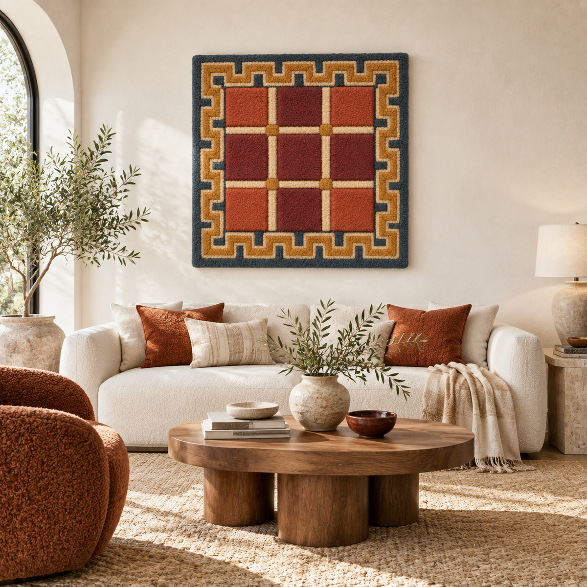 Hewn Earth Rust Meander Courtyard wall art featuring abstract rust-toned patterns on a rectangular canvas.
