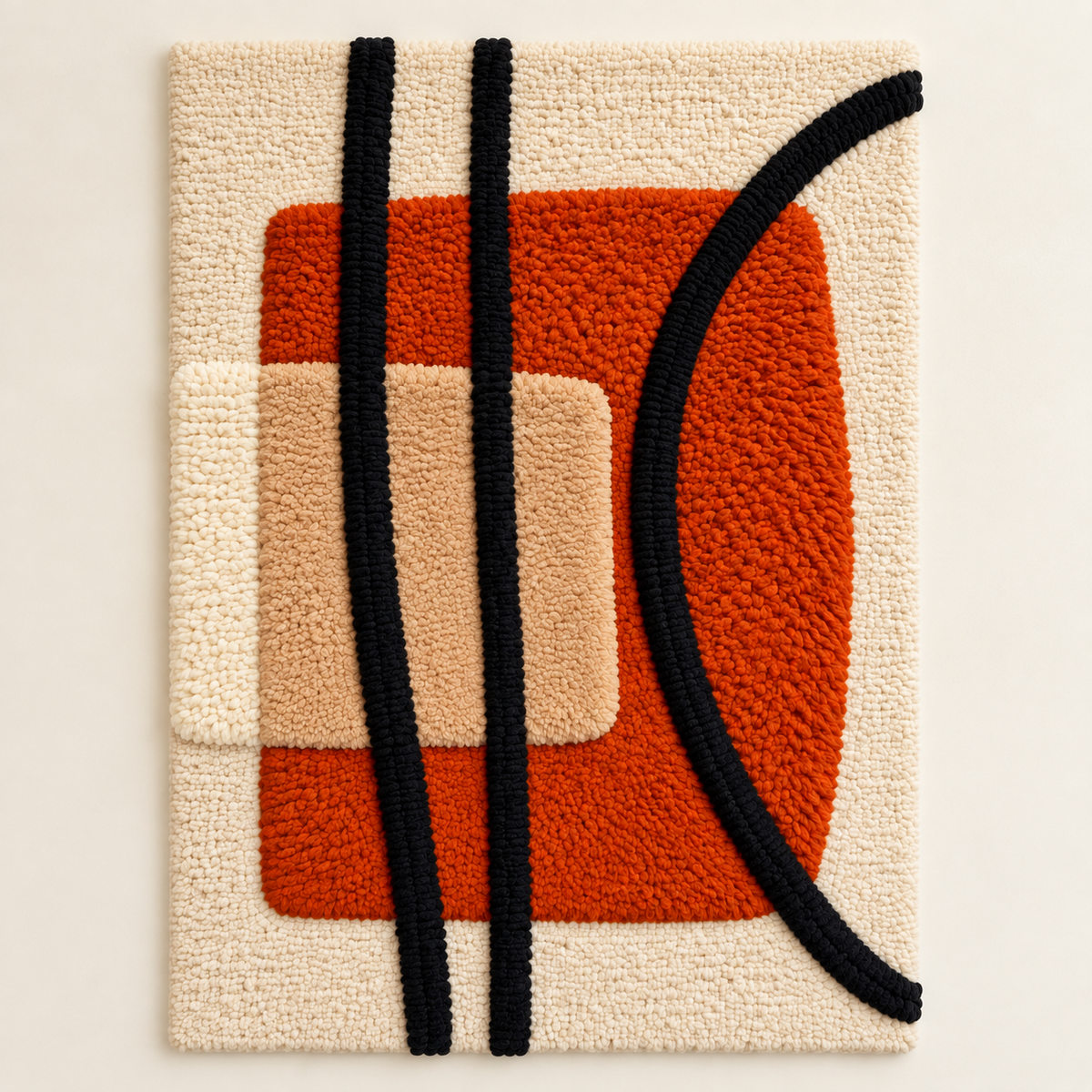 Hewn Earth Rust Portal and Black Arc wall art featuring a rust-colored portal and sleek black arc design on a wall.