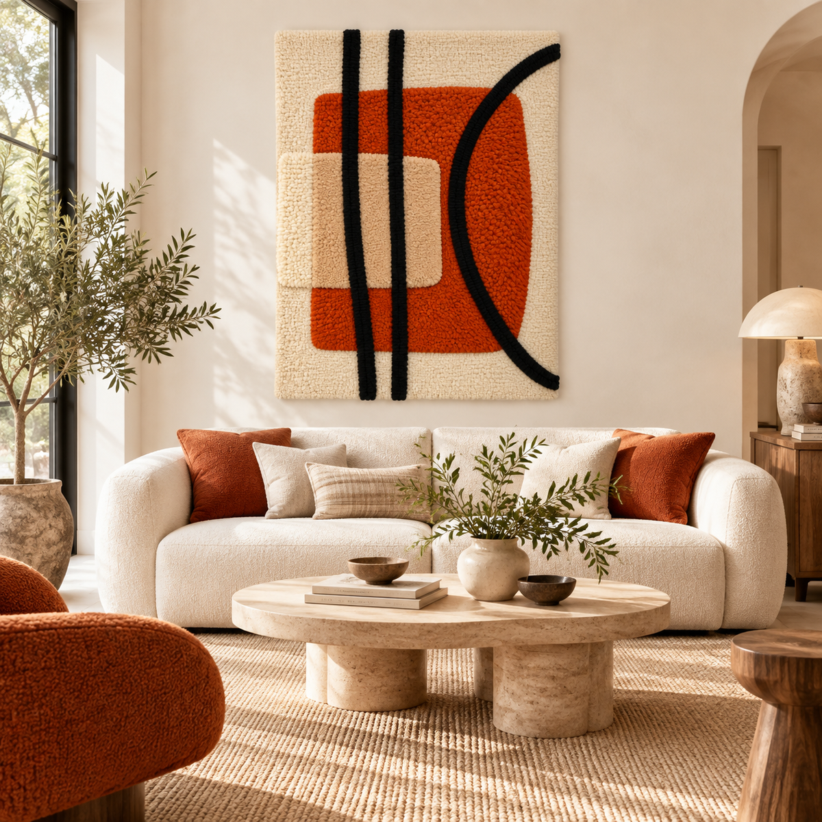 Hewn Earth Rust Portal and Black Arc wall art display with a rust-colored portal and sleek black arc against a neutral background.