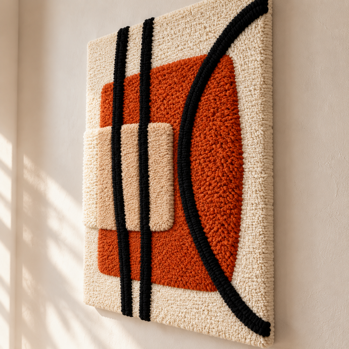 Hewn Earth wall art featuring a rust-colored portal and black arc design, displayed from an angled perspective.
