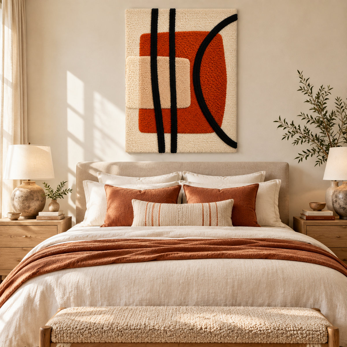 Hewn Earth wall art featuring a rust-colored portal and black arc, displayed in a modern room scene.