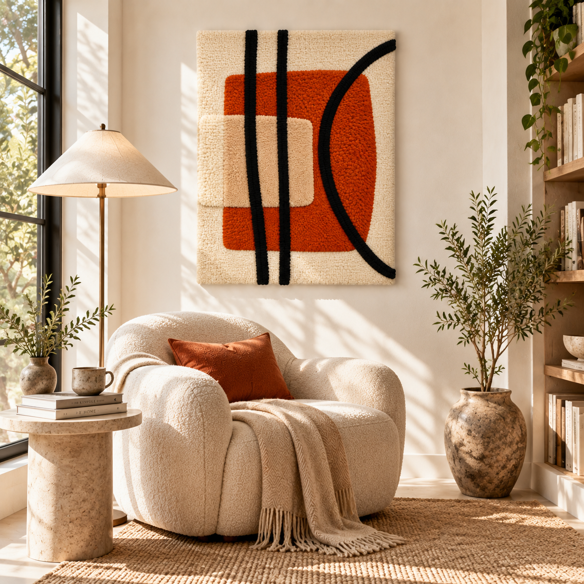 Hewn Earth rust portal and black arc wall art on a wall, featuring textured rust-colored and black metal design in a modern room scene.