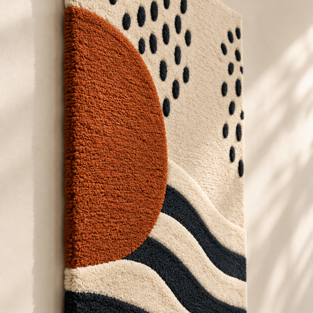 Rust Sun over Ink Waves — angled relief view