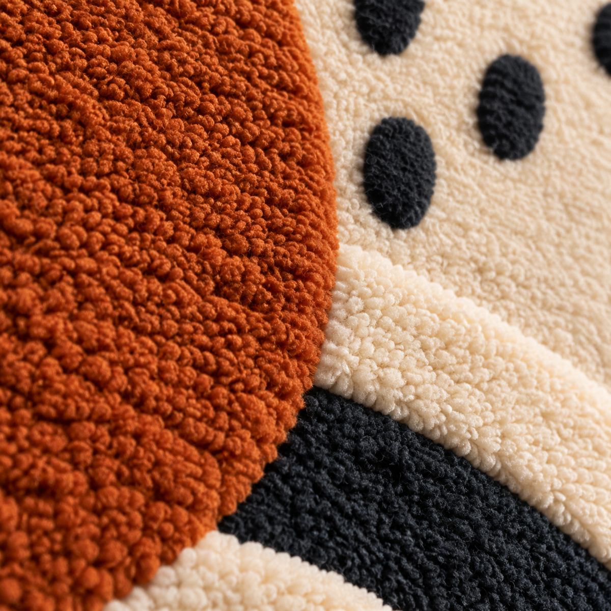 Rust Sun over Ink Waves — tufted wool texture detail