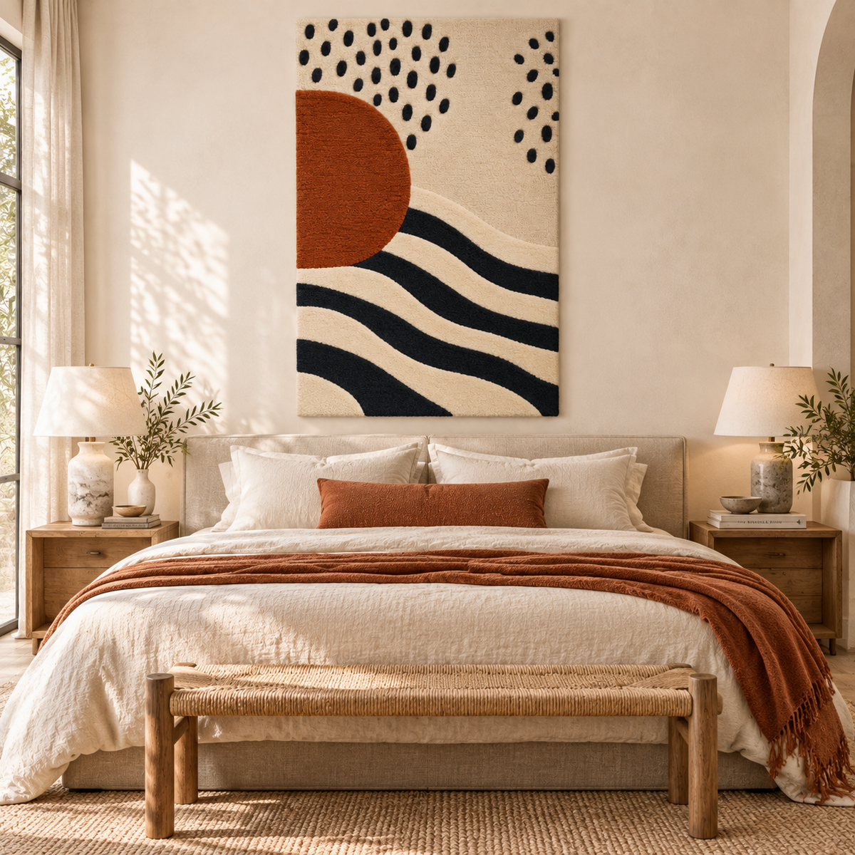 Rust Sun over Ink Waves — front-facing room scene [room-front]