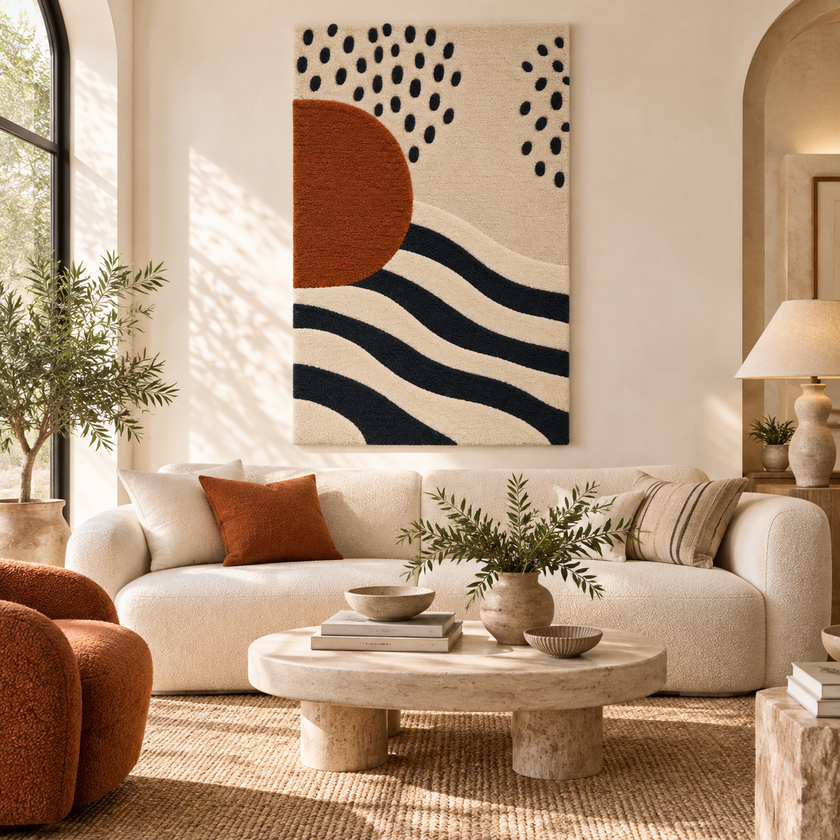 Rust Sun over Ink Waves — front-facing room scene [room-front]