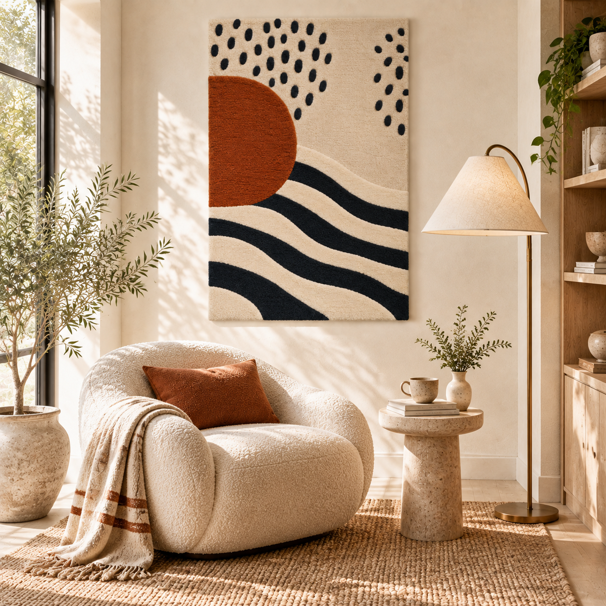 Rust Sun over Ink Waves — front-facing room scene [room-front]