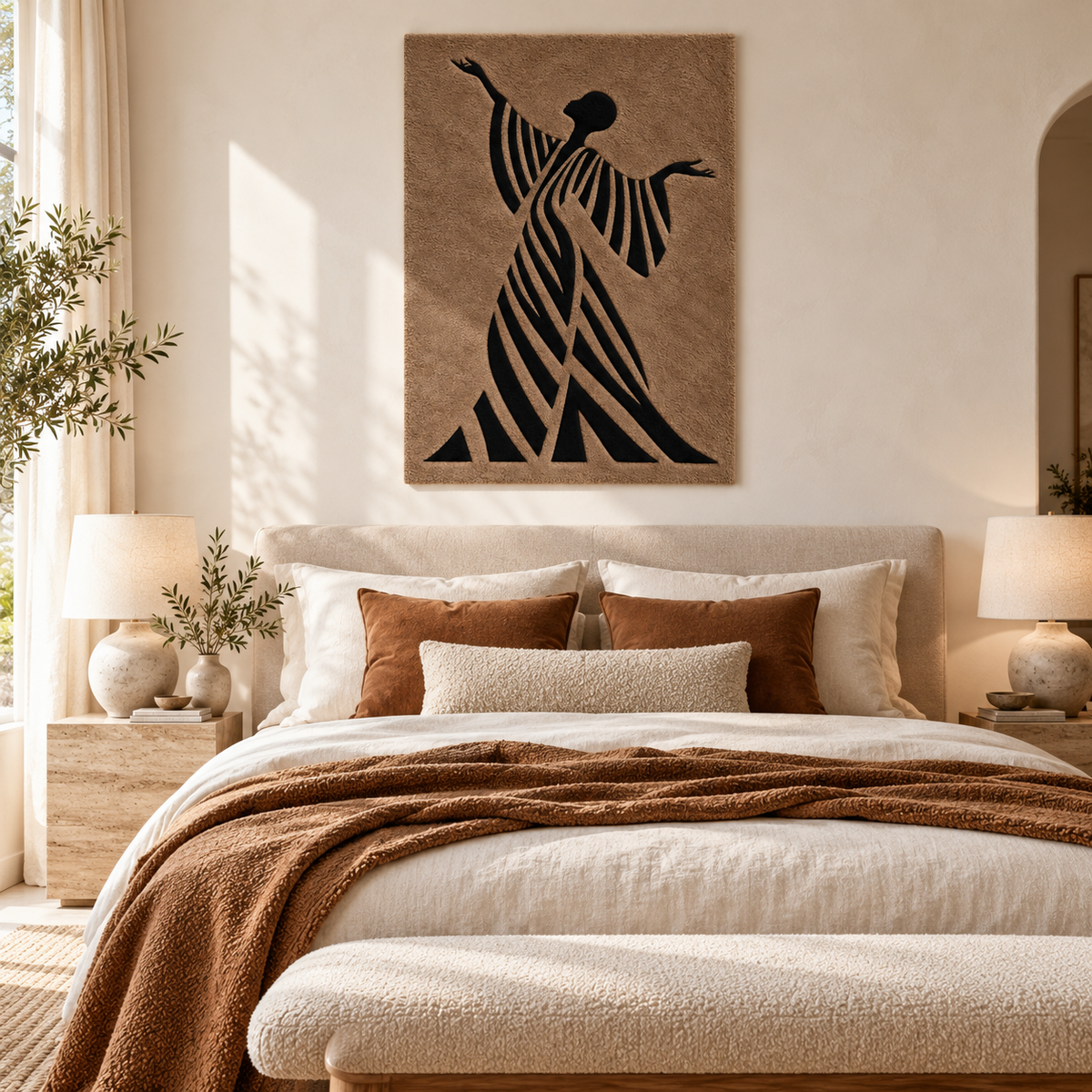Hewn Earth Sable Ribbon Dancer wall art featuring a graceful abstract ribbon dancer in earthy tones displayed in a room.