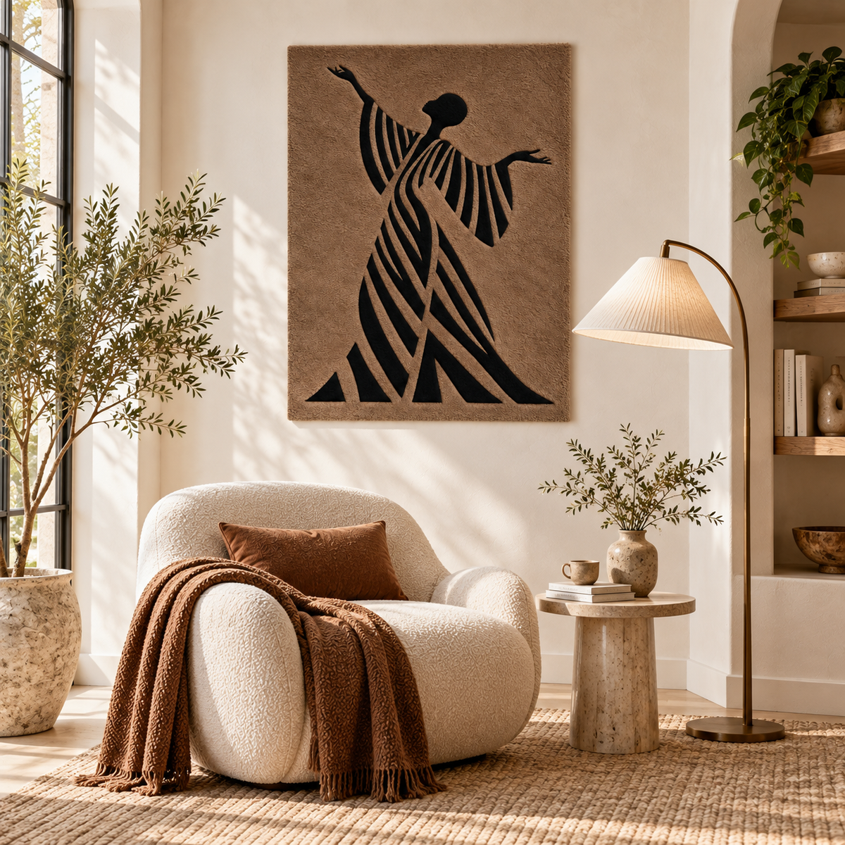 Hewn Earth Sable Ribbon Dancer wall art featuring a flowing ribbon dancer on a neutral background, wall decor for modern interiors.