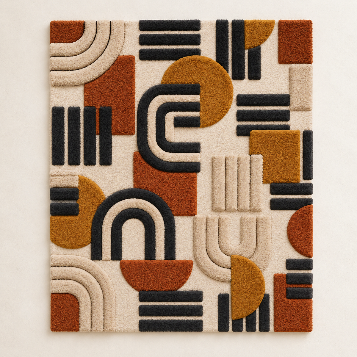 Hewn Earth Saffron Arc Wall Art assembly with warm-toned saffron hues and modern geometric design.
