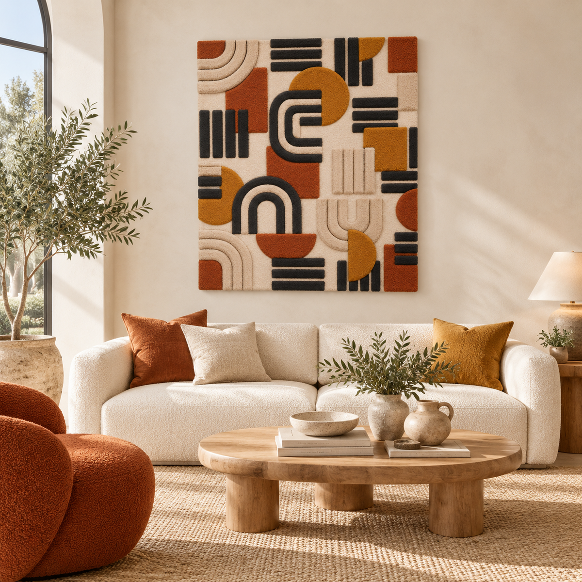 Hewn Earth Saffron Arc Wall Art installation with vibrant saffron-colored fabric and modern design in a room setting