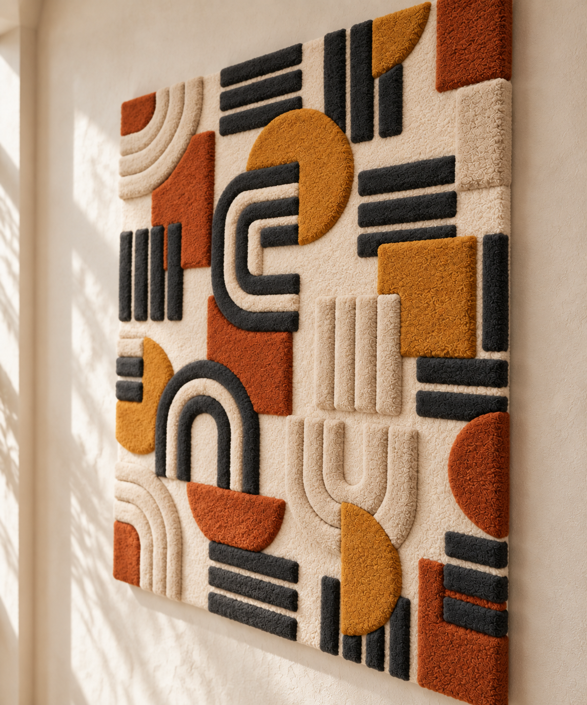 Hewn Earth Saffron Arc Wall Art assembly with curved saffron-colored panels and modern geometric design, viewed from an angle.