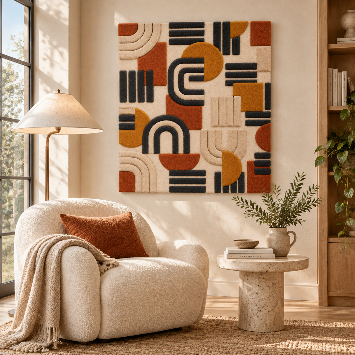 Hewn Earth Saffron Arc Wall Art installed in a room, featuring a vibrant saffron-colored curved metal sculpture as modern decor.