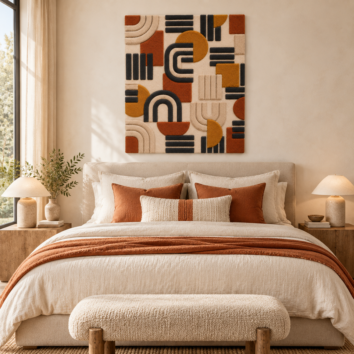 Hewn Earth saffron arc wall art displayed in a modern room scene, showcasing its vibrant color and artistic design.