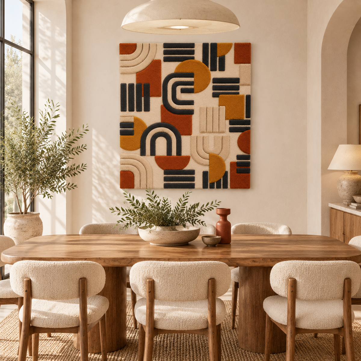 Hewn Earth Saffron Arc Assembly wall art displayed in a modern room scene, showcasing warm tones and artistic design.