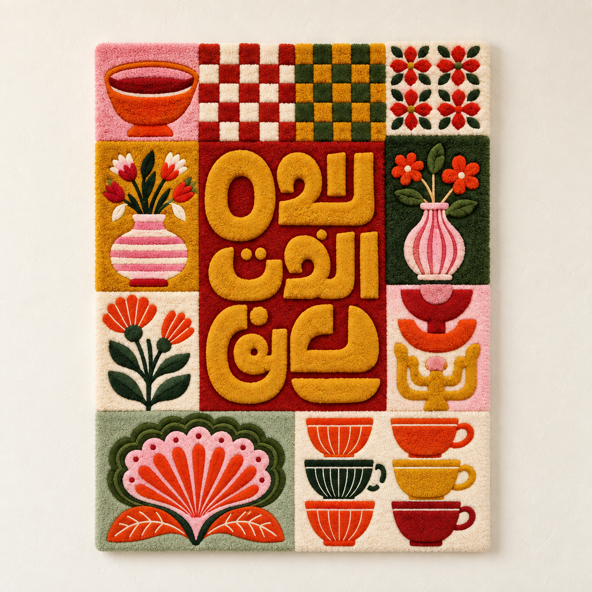 Saffron calligraphy cafe tiles wall art by Hewn Earth featuring intricate saffron-colored designs on ceramic tiles.