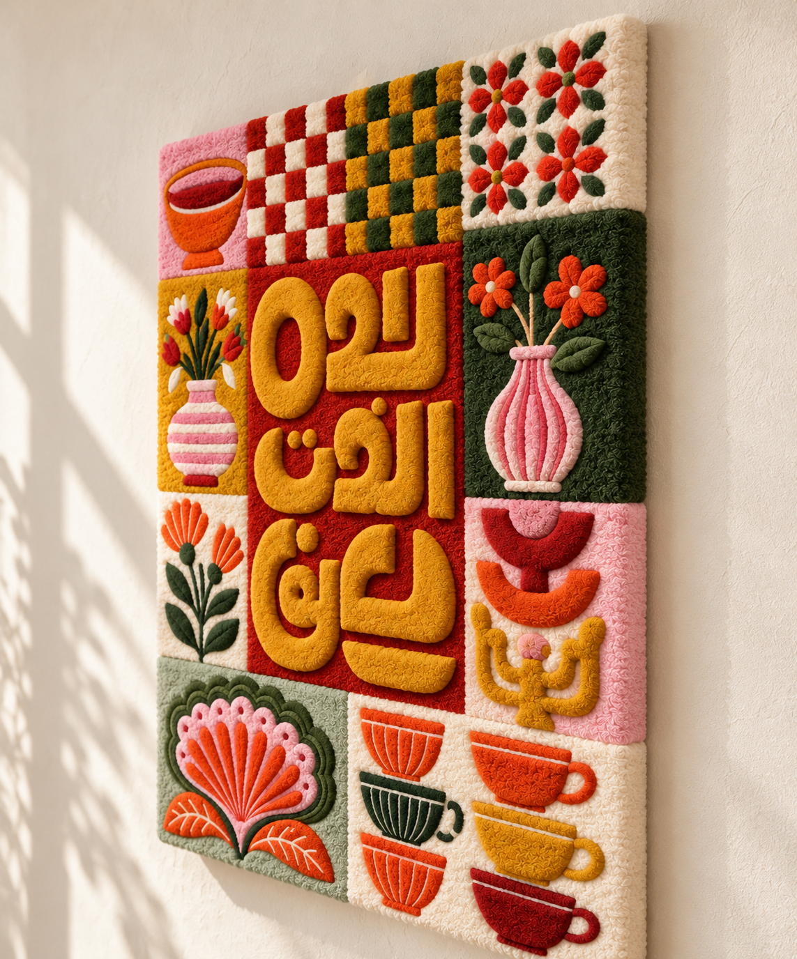Saffron Calligraphy Cafe Tiles wall art by Hewn Earth featuring intricate saffron-colored calligraphy designs on ceramic tiles.