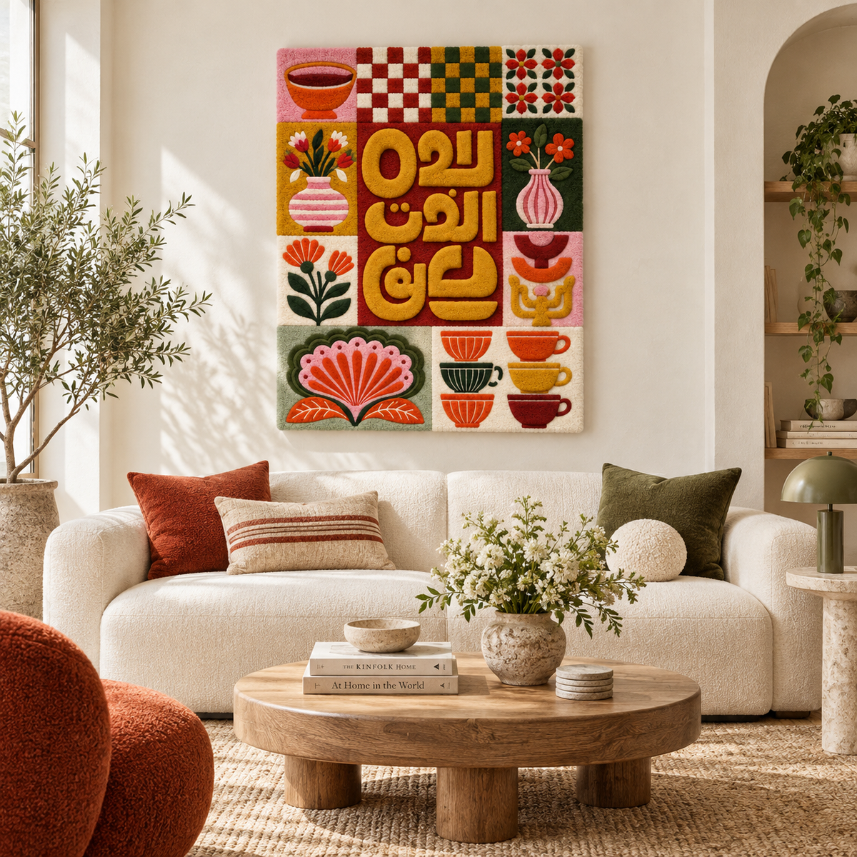 Hewn Earth Saffron Calligraphy Cafe Tiles wall art with intricate saffron-colored calligraphy design for interior decor.