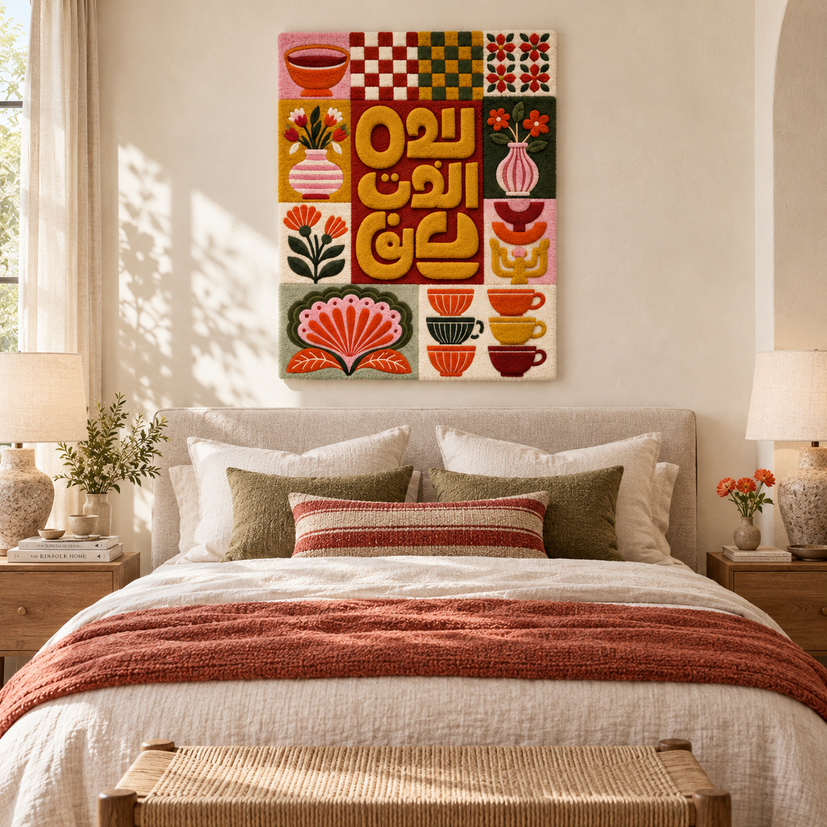 Saffron Calligraphy Cafe Tiles wall art by Hewn Earth featuring vibrant saffron-colored Islamic calligraphy on decorative ceramic tiles.