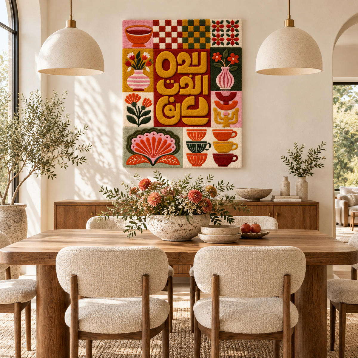 Saffron calligraphy cafe tiles wall art by Hewn Earth featuring intricate saffron-colored patterns and Arabic script design.