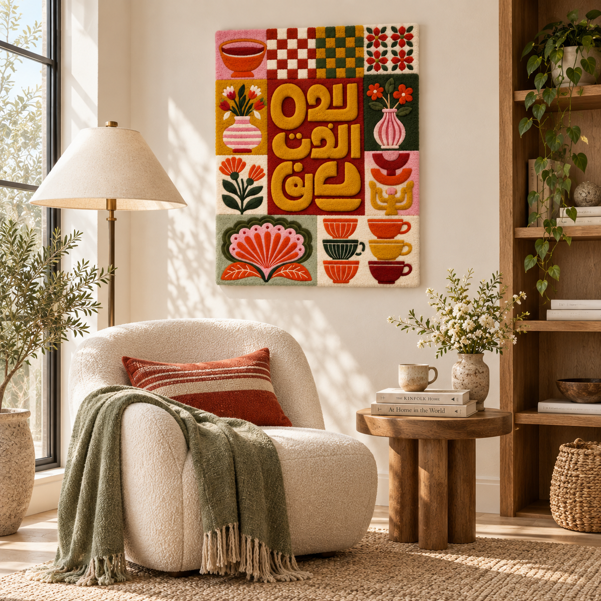 Hewn Earth Saffron Calligraphy Cafe Tiles wall art featuring intricate saffron calligraphy design on ceramic tiles.