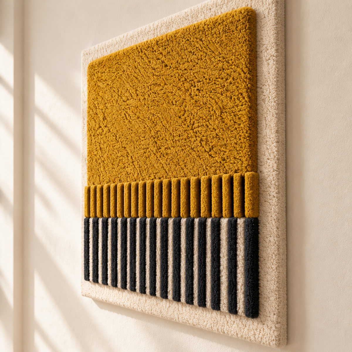Hewn Earth saffron field wall art with charcoal fringe, featuring vibrant saffron hues and textured fabric details.