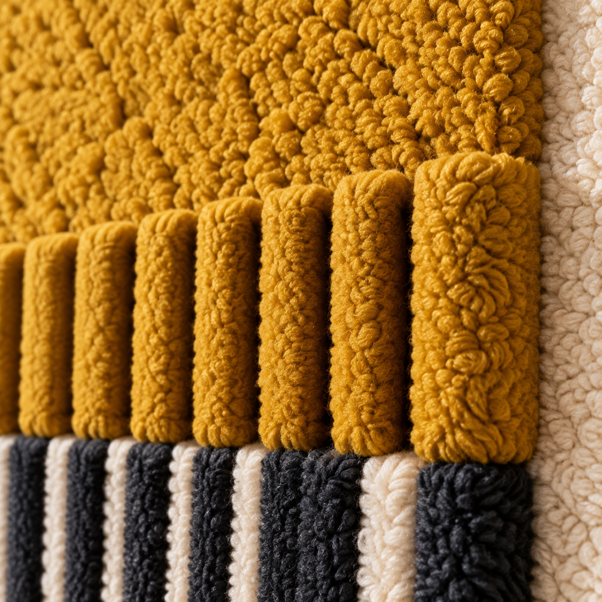Close-up of Hewn Earth wall art featuring a saffron-colored field with charcoal fringe details for a textured decorative piece.