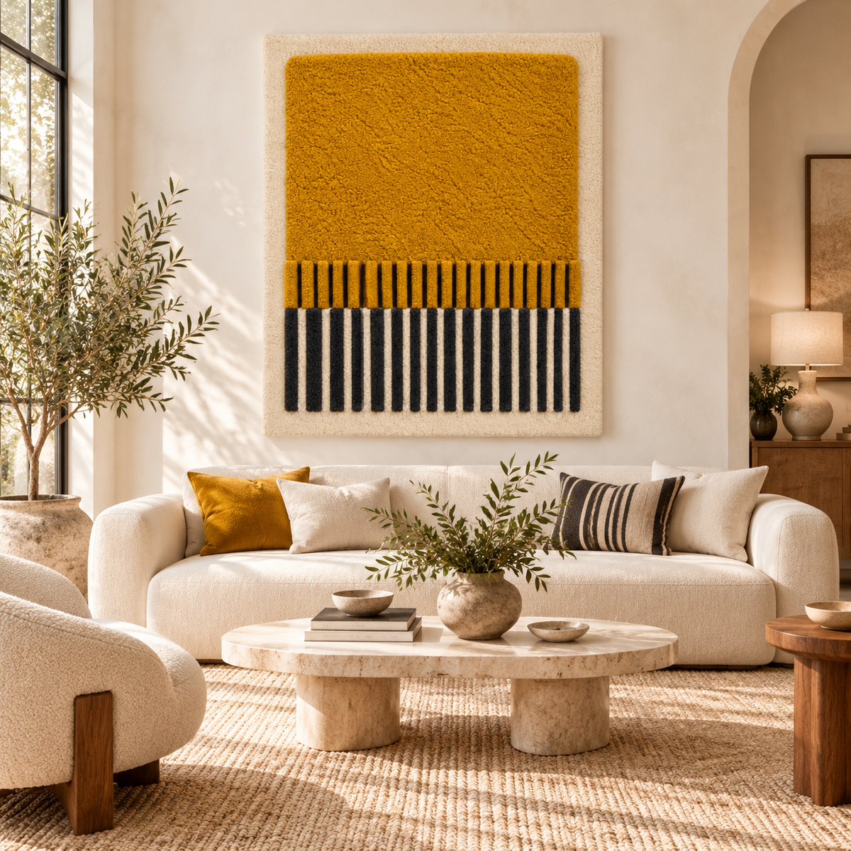 Hewn Earth wall art featuring a saffron field design with charcoal fringe, decorative textile for home interior decor.