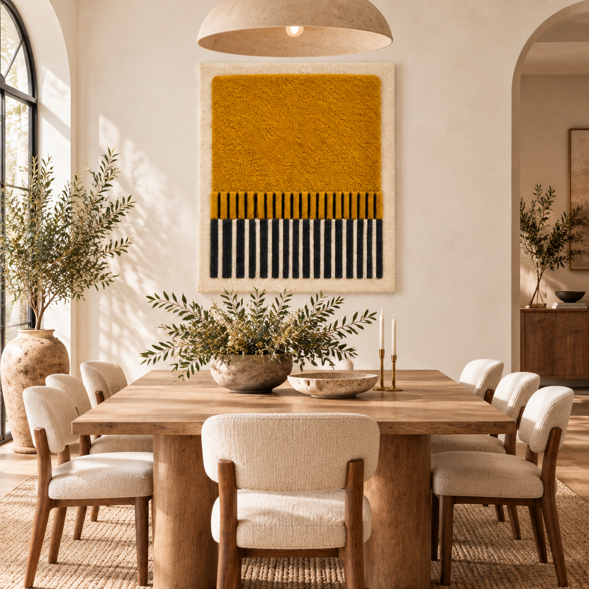 Hewn Earth saffron field wall art with charcoal fringe, featuring vibrant saffron-colored landscape and textured edges for wall decor.