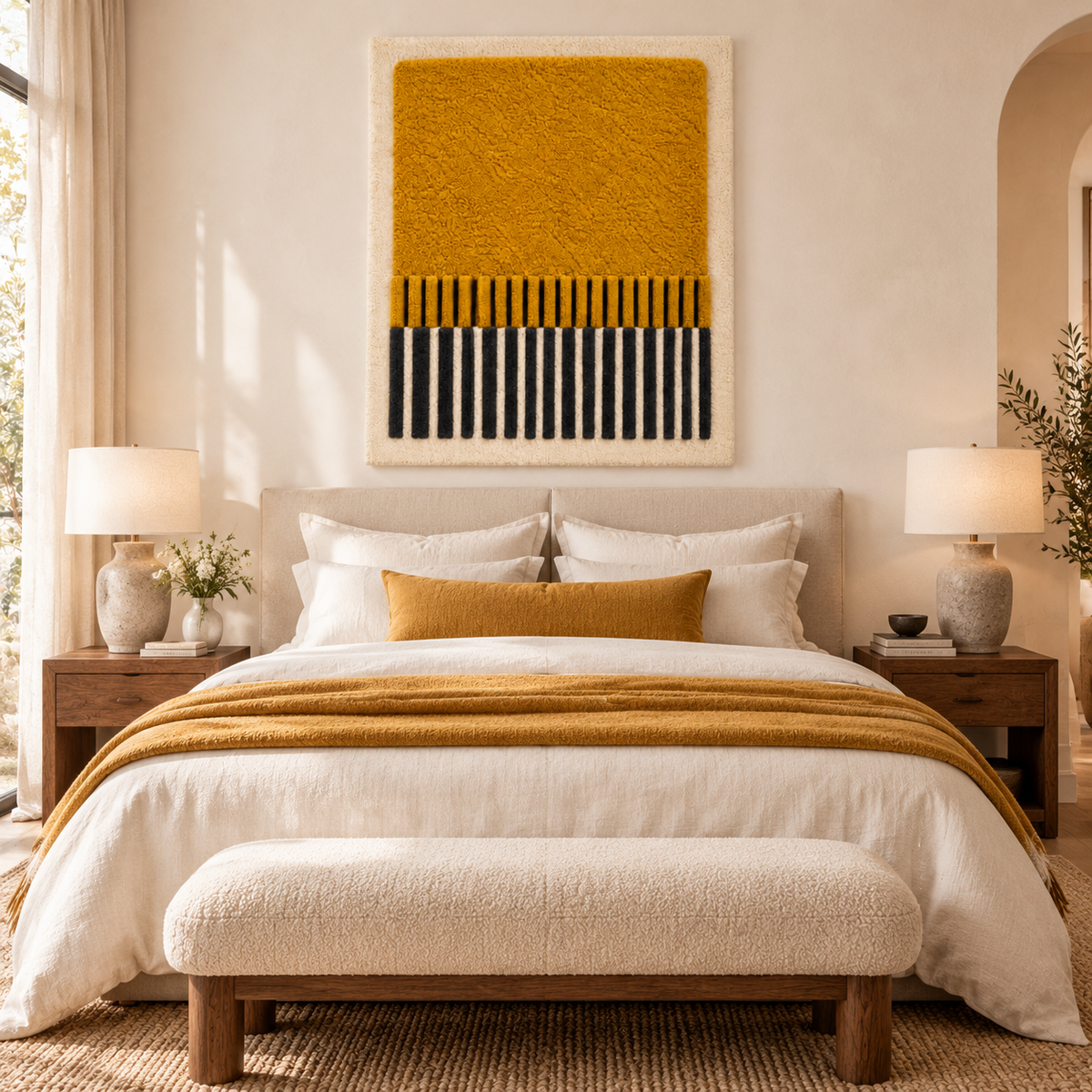 Hewn Earth saffron field wall art with charcoal fringe, featuring vibrant saffron colors and textured fabric details.