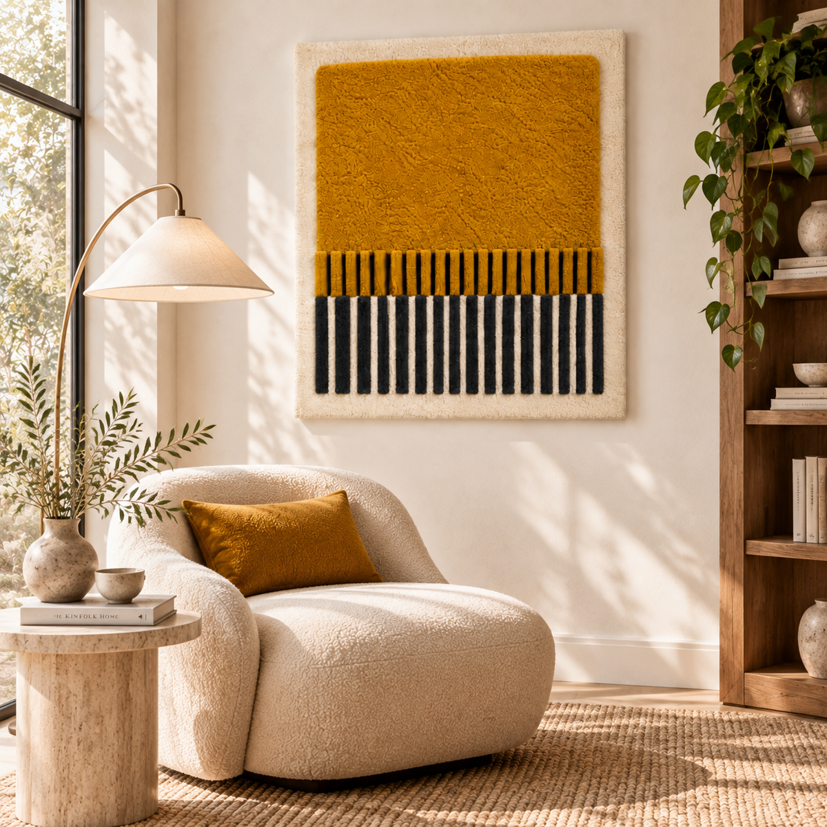 Hewn Earth wall art featuring a saffron field scene with charcoal fringe design, displayed in a room setting.